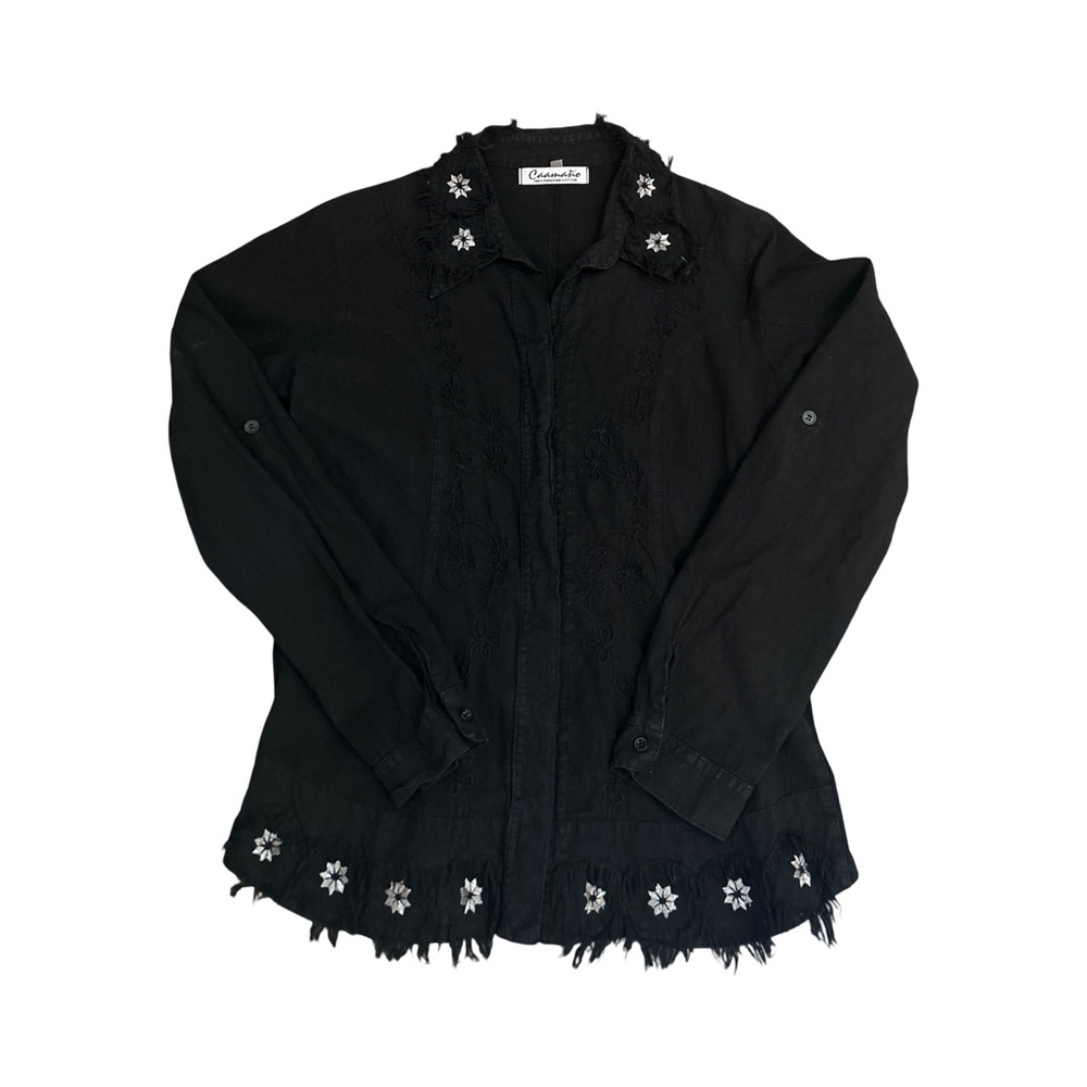 Caamano Women’s Size M Black Distressed Embroidered Peruvian Cotton Boho Top - Picture 14 of 15